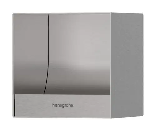 Toilettenpapierhalter aus gebürstetem Edelstahl, mit geschlossener Front und der Marke Hansgrohe, montierbar in der Wand.